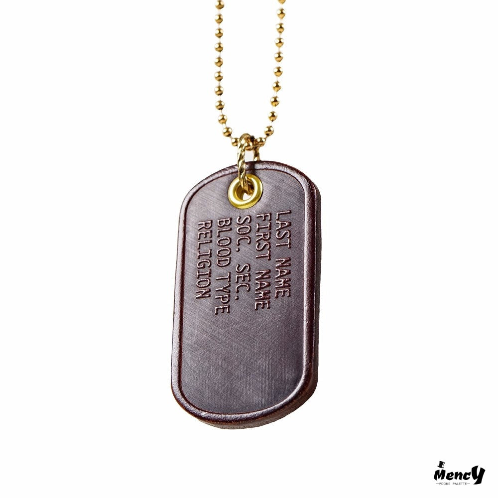 Brass chain leather dog tag necklace