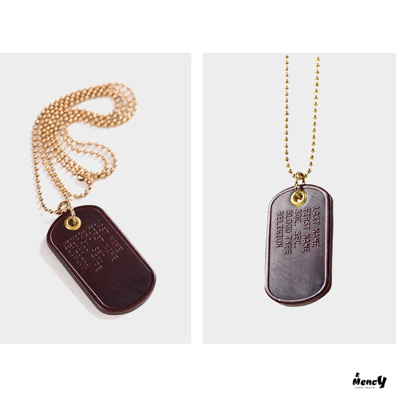 Brass chain leather dog tag necklace