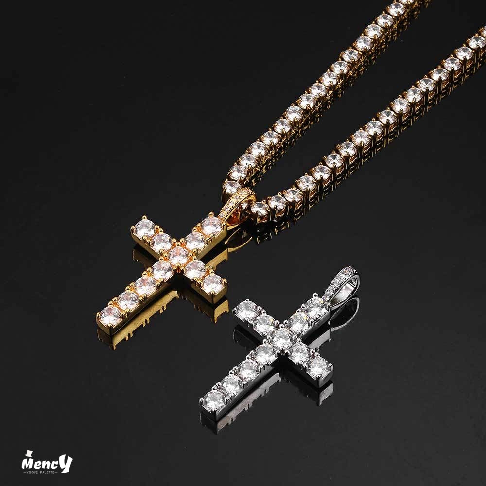 Crucifix round cut silver men's necklace