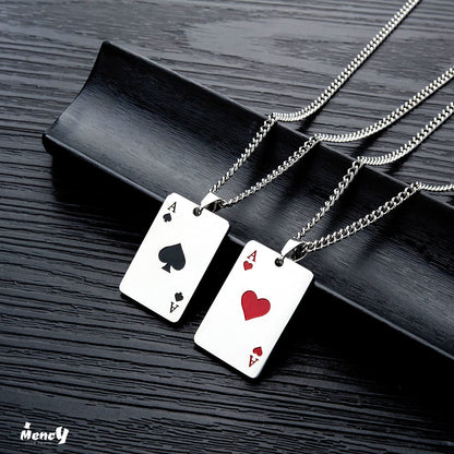 Playing Cards Spade A Necklace Men's Stainless Steel Surgical Black Silver Heart Rectangular Plate Pendant Long Sweater Chain 57+5cm Cool Party Popular Accessory