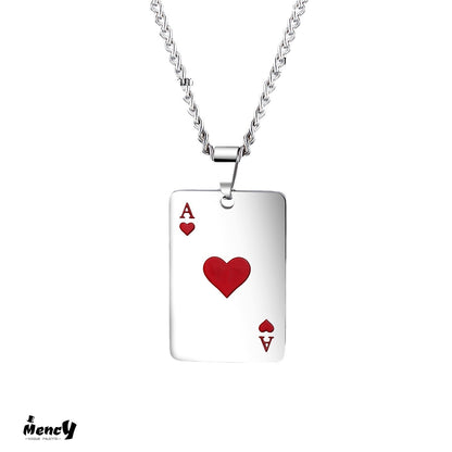 Playing Cards Spade A Necklace Men's Stainless Steel Surgical Black Silver Heart Rectangular Plate Pendant Long Sweater Chain 57+5cm Cool Party Popular Accessory