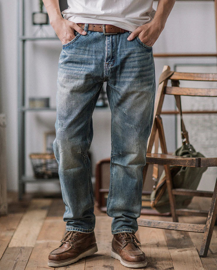 American casual distressed straight tapered denim pants