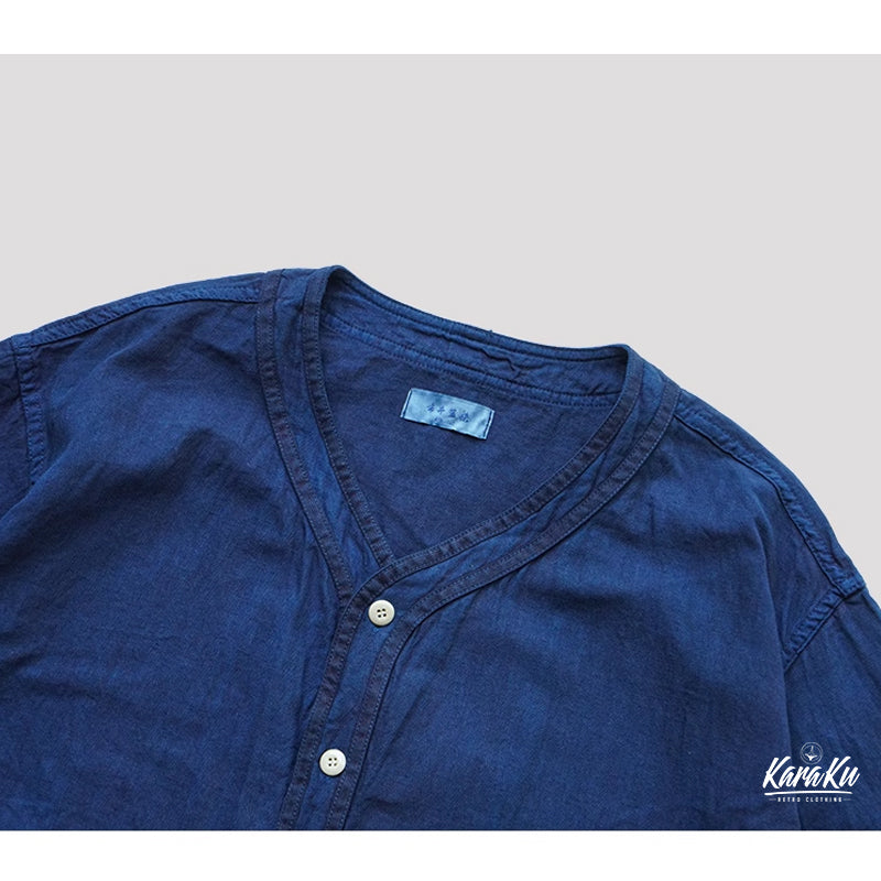 【職人手作り】植物藍染め　綿麻ヘリンボーンベースボールシャツ