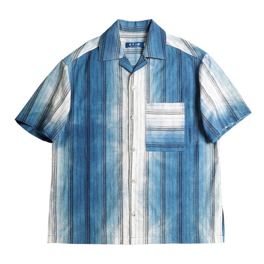 藍染グラデーション　ストライプ綿麻キューバシャツ