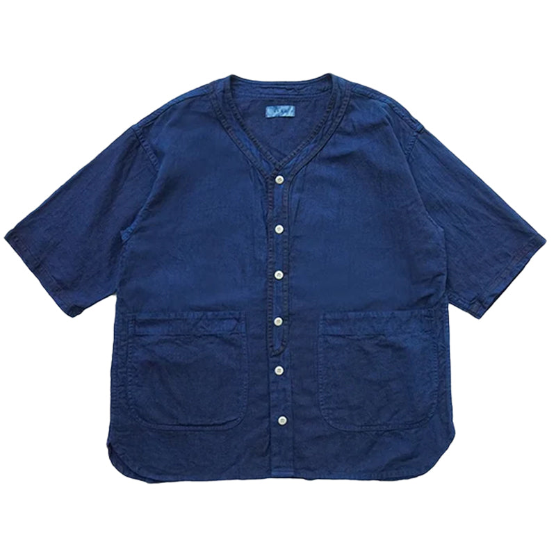 【職人手作り】植物藍染め　綿麻ヘリンボーンベースボールシャツ
