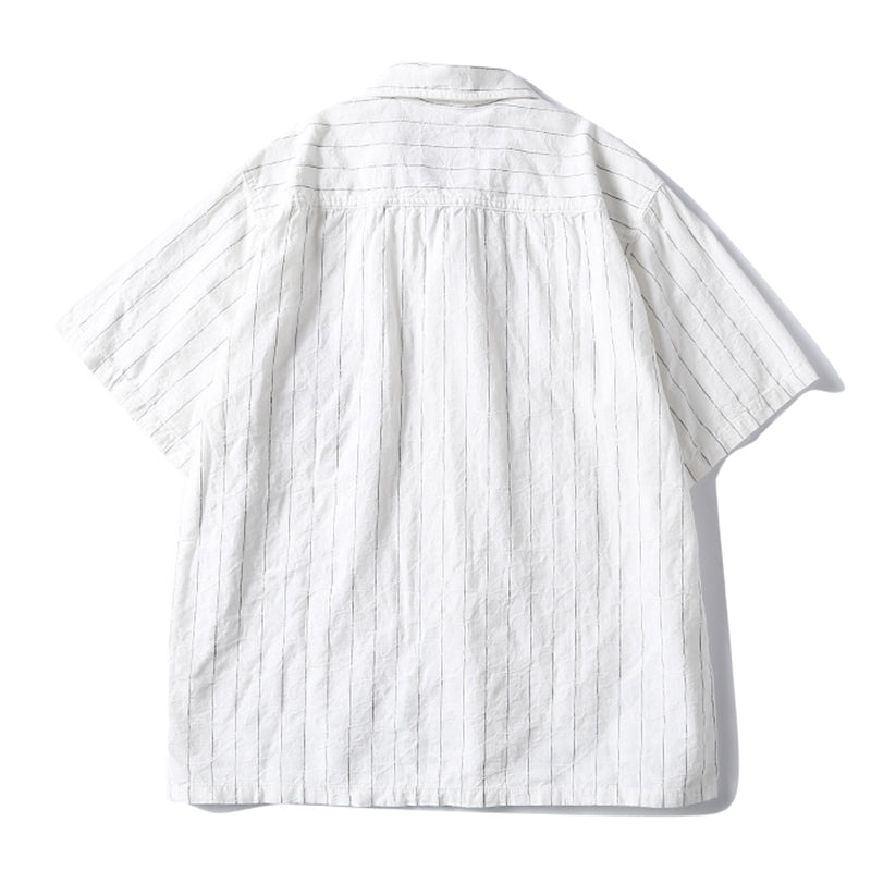 シングルストライプ　綿麻オープンカラーシャツ