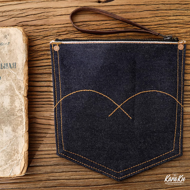 [Handmade by artisans] Leather hand strap raw denim pocket clutch bag