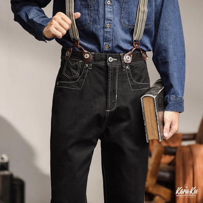 Straight denim pants with striped suspenders