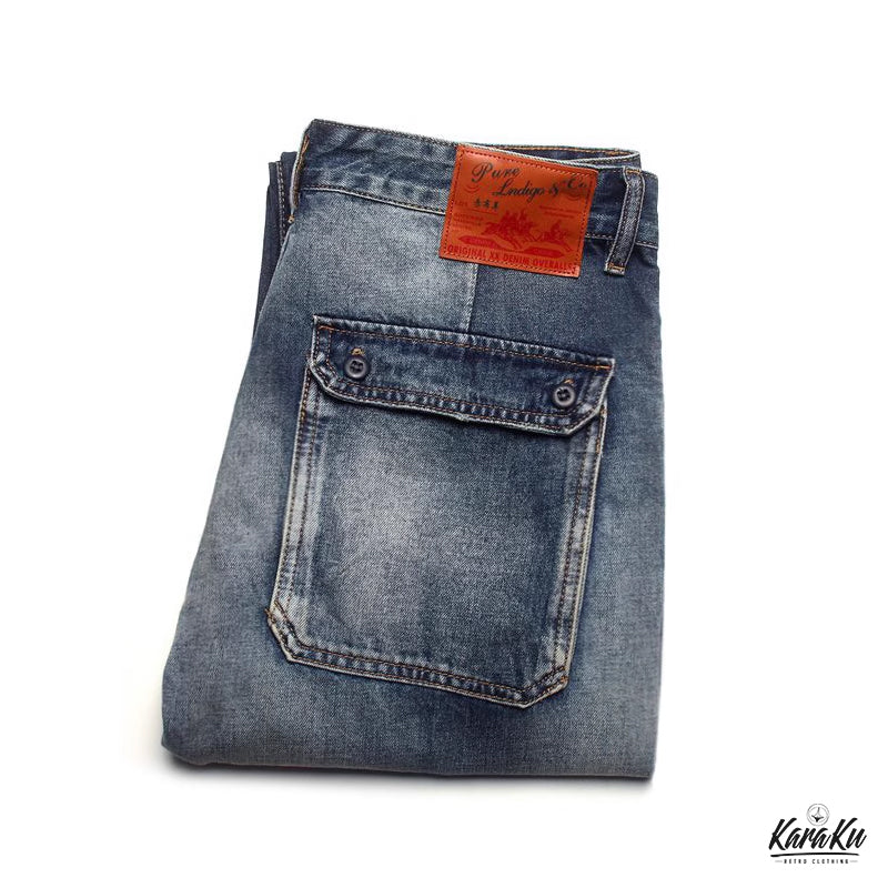 Washed denim pants with flap pockets