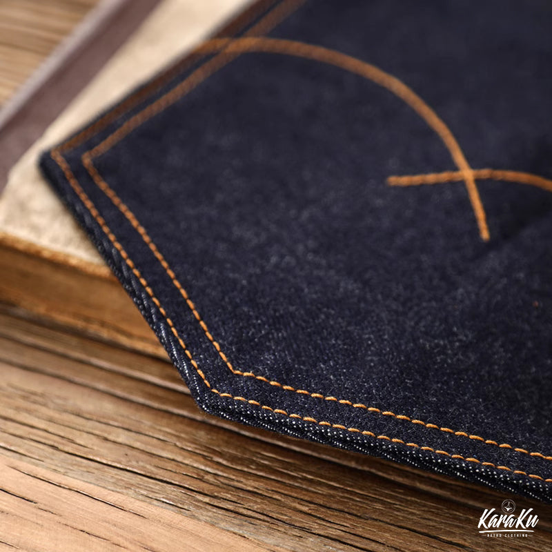 [Handmade by artisans] Leather hand strap raw denim pocket clutch bag