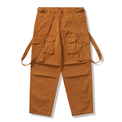 Plaid work pants with suspenders and knee tucks