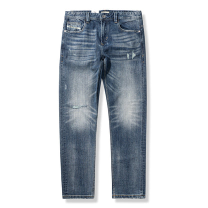 Stone washed and distressed straight denim pants