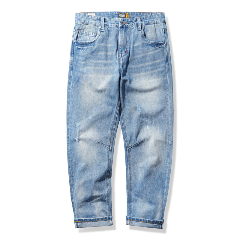 Washed and beard-processed light blue red selvedge denim pants