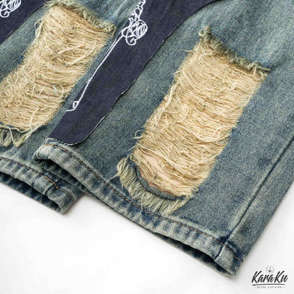 Separate fabric patch & hard distressed denim pants